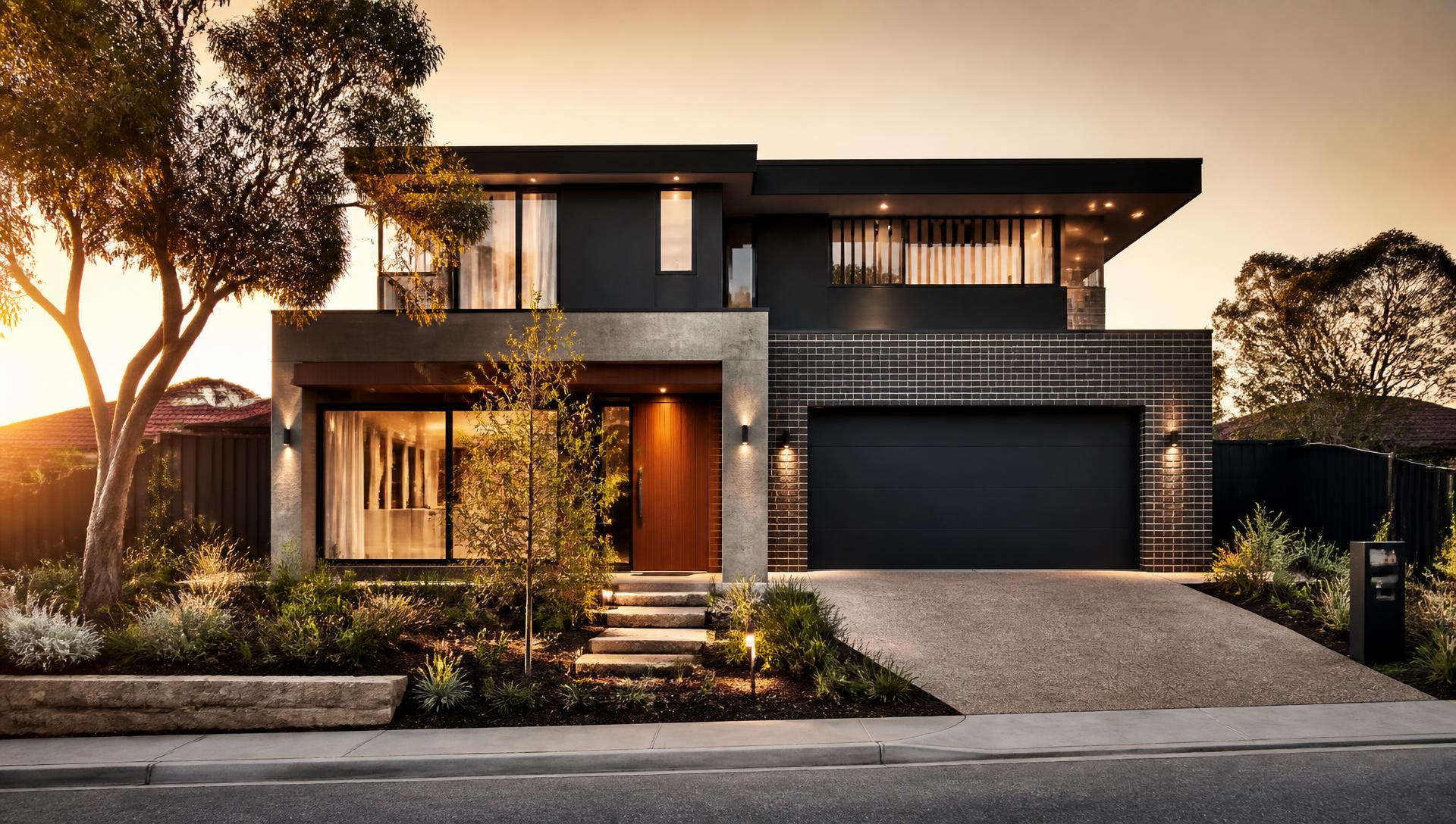 Modern Australian home with charcoal cladding and warm timber entry at sunset in Perth
